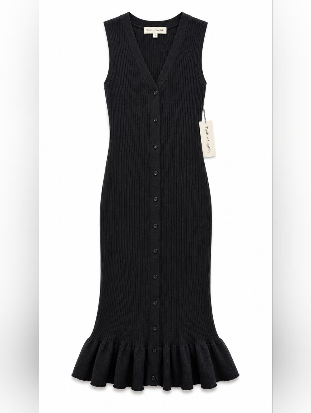 tash + Sophie Black Ribbed Button-Front Midi Dress